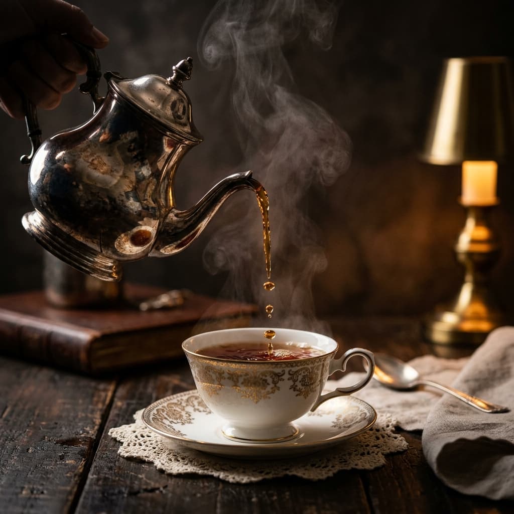 Perfect cup of Assam tea being poured